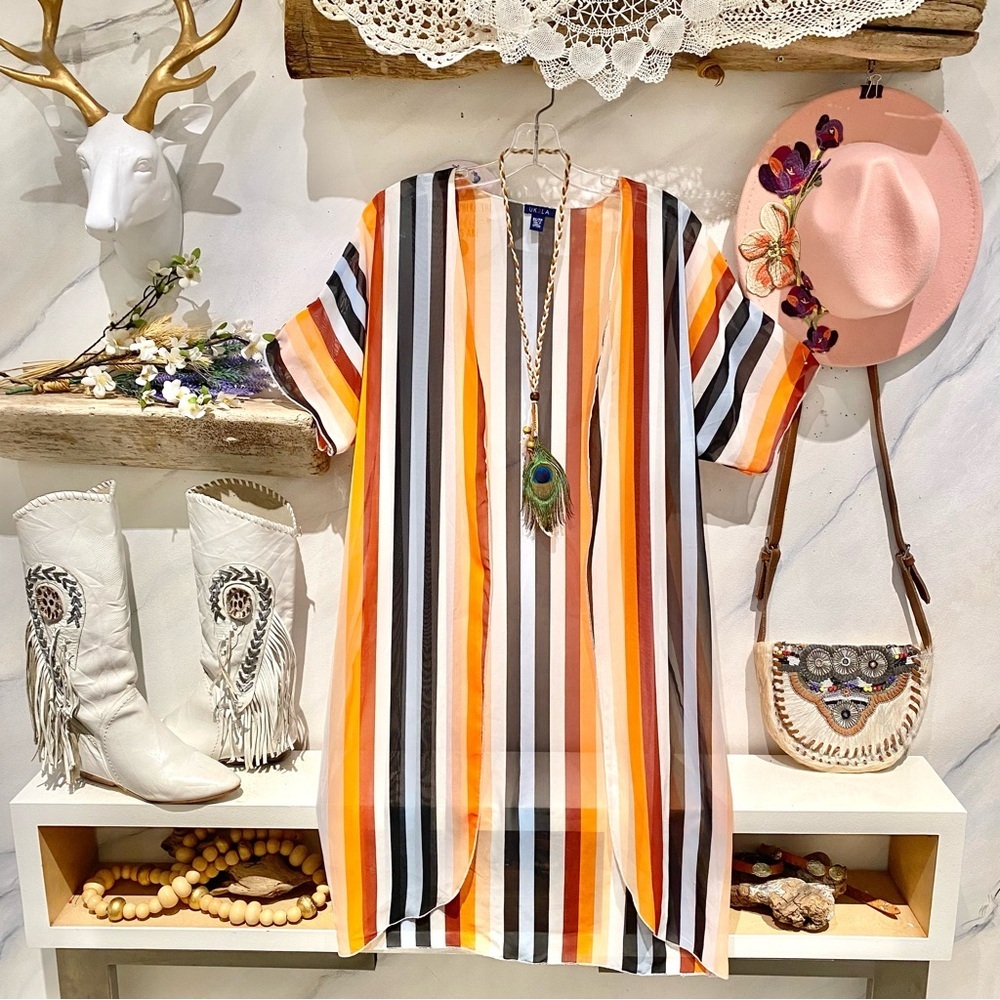 Semi sheer duster stripe boho cover up w beach resort vacay hippy vibe